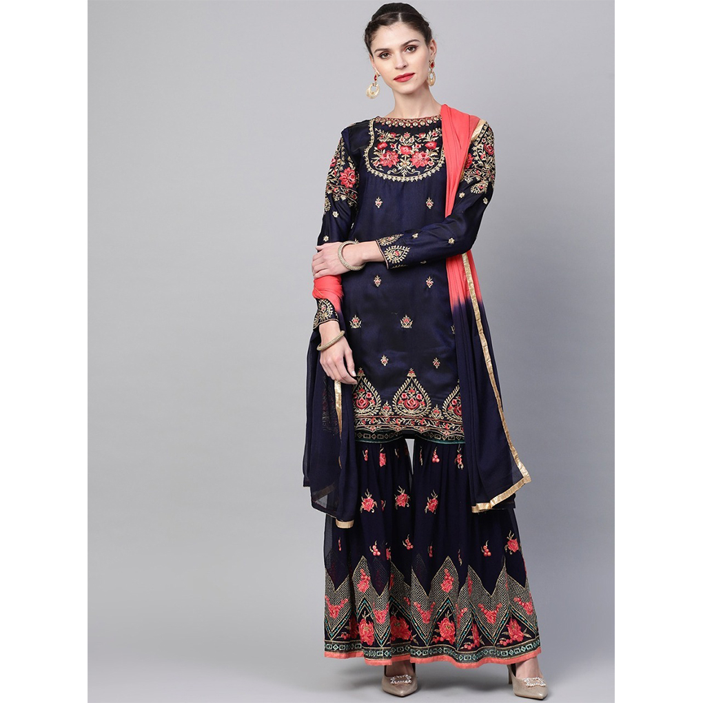 Rusty Purple Black Embroidered Sharara Dress For Women